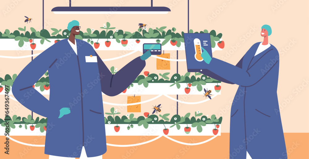 Aufkleber automation of strawberry production in the indoors vertical garden. worker characters using smart te