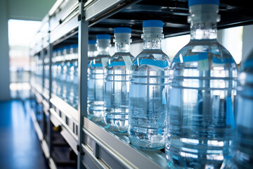 Water bottling line in water factory - obrazy, fototapety, plakaty
