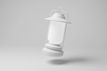 White oil lamp floating in mid air on white background in monochrome and minimalism. Illustration of the concept of illumination and direction