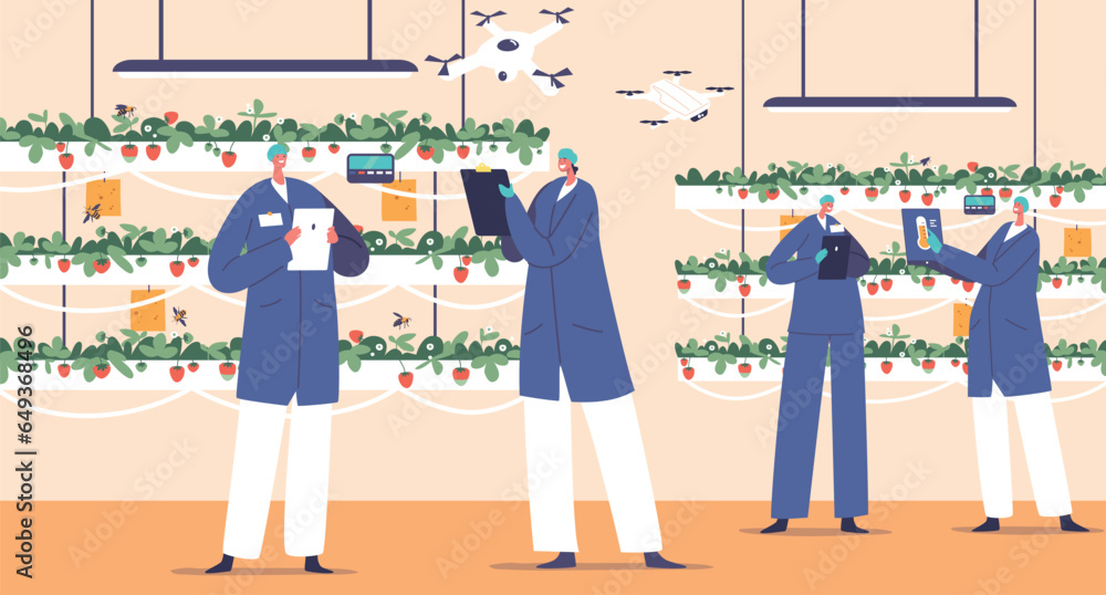Aufkleber worker characters use automation technology for strawberry production, integration of iot tech to op