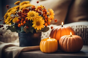 Cozy Living room decorated for Autumn fall orange theme