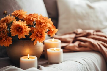 Obraz na płótnie Canvas Cozy Living room decorated for Autumn fall orange theme
