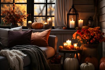 Cozy Living room decorated for Autumn fall orange theme