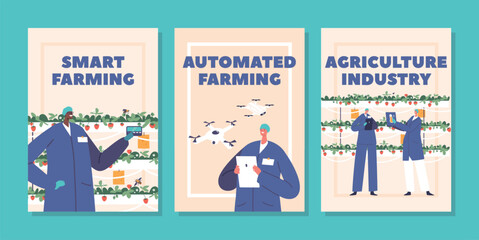 Farm Automation And Smart Farming Banners With Characters Use Innovative Technologies, Robotics, And Ai