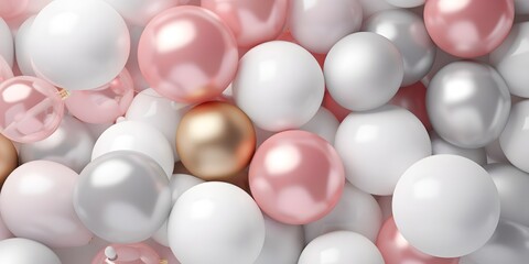 Shiny pink, white, silver and golden balloons on grey background. Card for christmas, wedding, birthday, woman's day, mothers day, valentine's day - obrazy, fototapety, plakaty