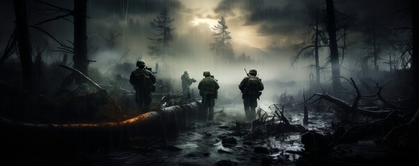 Dark forest landscape it is raining with military personnel on a secret special operation - obrazy, fototapety, plakaty