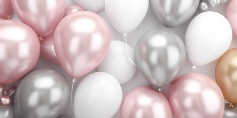 Shiny pink, white, silver and golden balloons on grey background. Card for christmas, wedding, birthday, woman's day, mothers day, valentine's day
