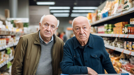 Photo of an elderly gay male couple walking in a grocery store. Grocery shopping indoors. Happy senior gay couple doing groceries shopping. Retired gay couple. - obrazy, fototapety, plakaty