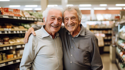 Fototapeta na wymiar Photo of an elderly gay male couple walking in a grocery store. Grocery shopping indoors. Happy senior gay couple doing groceries shopping. Retired gay couple.