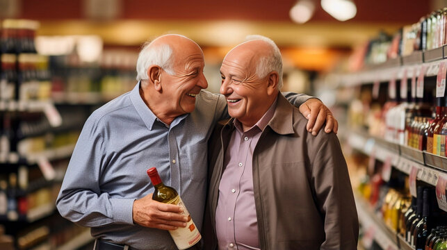 Photo of an elderly gay male couple walking in a grocery store. Grocery shopping indoors. Happy senior gay couple doing groceries shopping. Retired gay couple.