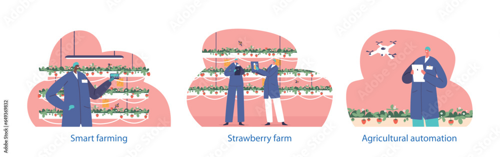 Poster isolated elements with characters engage in agricultural automation of strawberry production industr