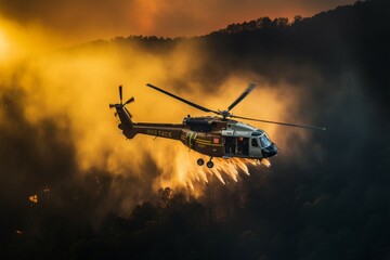 Helicopter aids firefighting by dumping water on a raging forest fire