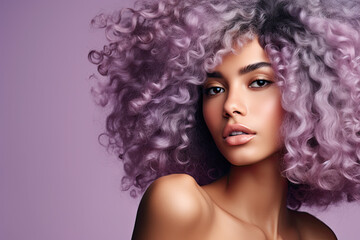 Woman with lilac natural afro-textured curly hair. Healthy hair. 
