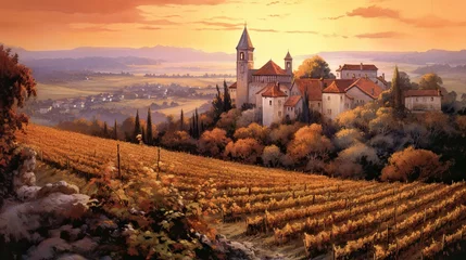 Keuken spatwand met foto Vineyards of France and Italy in an idyllic landscape at sunset © Ramon Grosso