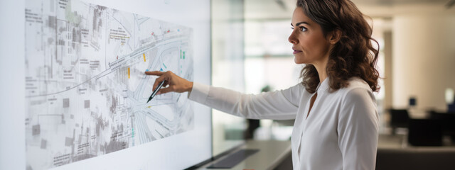 Woman architect takes apart a blueprint of a new project on a whiteboard with his colleagues