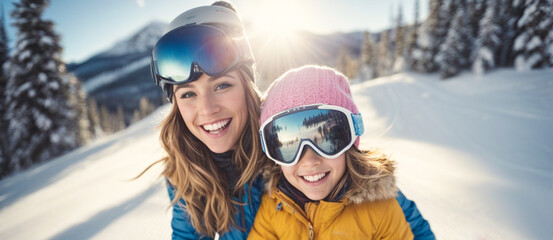 family, mother and little daughter smiling skiing in the snowy mountains on the slope with their ski and professional equipment on a sunny day, while taking a selfie on their winter vacation, dream tr