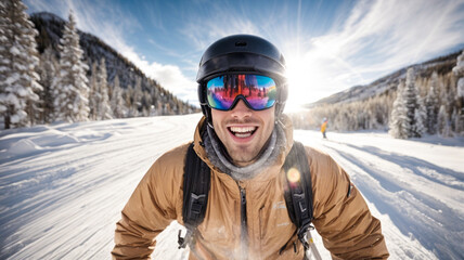 Fototapeta na wymiar smiling skier, young man, jumping in the snowy mountains on the slope with his ski and professional equipment on a sunny day