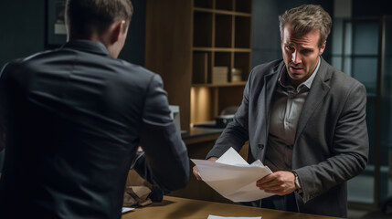 Frustrated male employee reads a dismissl document in the presence of his boss