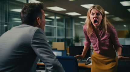 Fototapeta na wymiar Supervisor and a subordinate yell at each other in a company office.