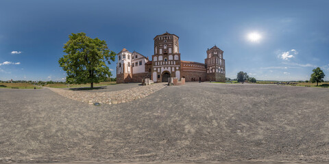 full seamless spherical hdri 360 panorama near huge neo-gothic castle, defensive fortification and residence in equirectangular projection with zenith and, ready for  VR virtual reality content