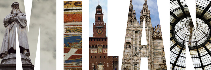 Milan city name with landmark photos background