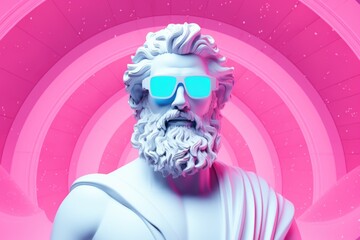 White statue of Zeus with blue glasses against an arched pink tunnel. - obrazy, fototapety, plakaty