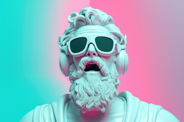 White statue of Zeus wearing glasses and headphones listening to music with his mouth open on a...