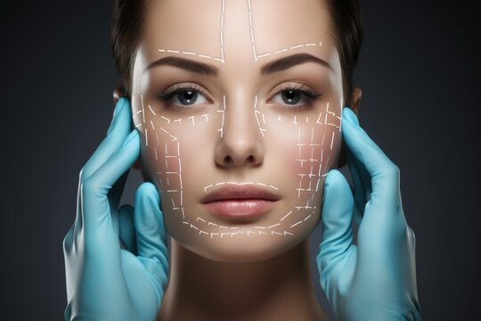 Concept of plastic surgery. Hands of plastic surgeon in blue medical glove touching girl's face.