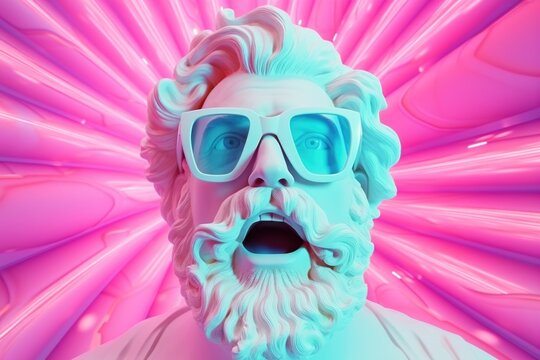 Fototapeta Futuristic portrait of an enthusiastic Zeus wearing glasses illuminated by blue light on a pink linear perspective background.
