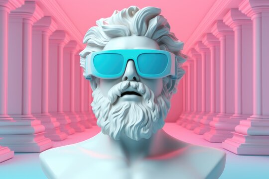 White bust of Zeus wearing blue glasses against pink perspective colonnade.