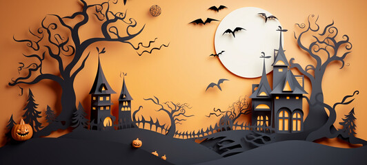 halloween 3d paper cut up graphic on orange background on paper, website, wallpaper, elaborate landscapes.