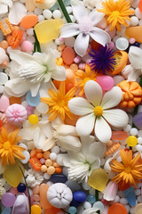 Obraz na płótnie Canvas pills and flowers. generative ai, bright colors. homoopathy concept