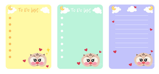 Set of cute note organizer, check list, lined to do list with kawaii cat. Printable kids checklist. Scrapbook, diary, page notebook, daily planner. Kawaii cutie stationery for little children