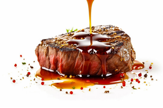 Pièce de viandé de bœuf avec sauce versée dessus, sur fond blanc
