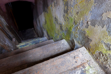 Old stairs leading to a dark basement, photographed with shallow depth of field.
