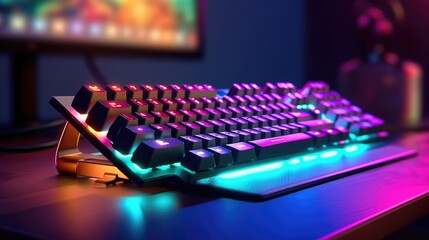 Computer gaming keyboard with neon lights on a interior gaming room background - obrazy, fototapety, plakaty