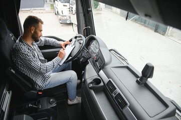 Logistics, delivery car and man with clipboard paperwork or checklist for stock, product...