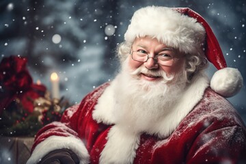 Portrait of Santa Claus in traditional red and white outfit. Cristmas spirit and gifts idea
