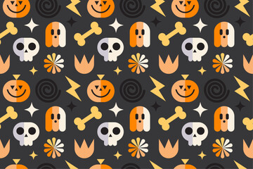Obraz premium Halloween seamless pattern with flat vector illustrations of pumpkin, skull, ghost and various geometric elements