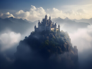 Mystical Mountain Castle: Grand Design with Fog, Towering Trees, and Floating Clouds against a Blue Sky