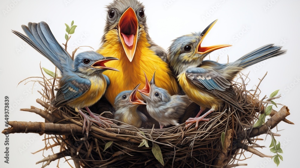 Poster a group of birds sitting in a nest with their mouths open. generative ai