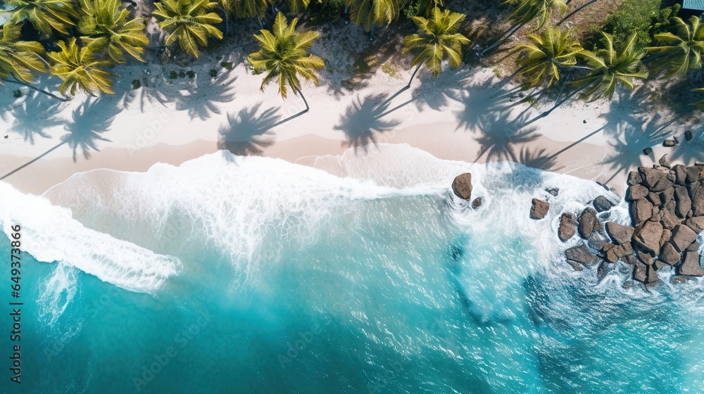 Poster an aerial view of a beach with palm trees and waves. generative ai