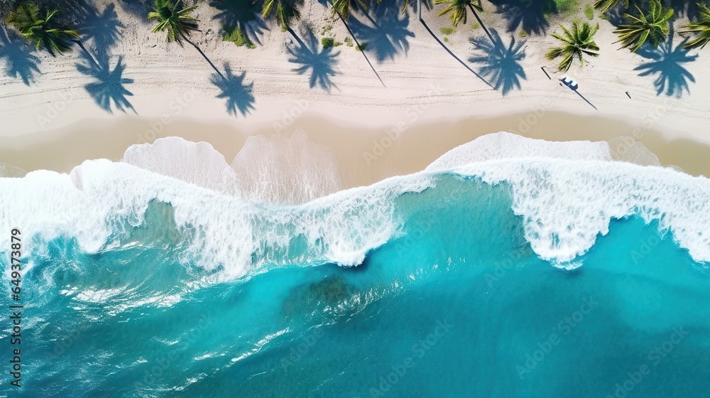 Poster an aerial view of a beach with palm trees and waves. generative ai