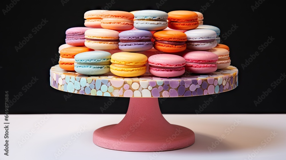 Poster a pink cake stand with a stack of macaroons on it. generative ai