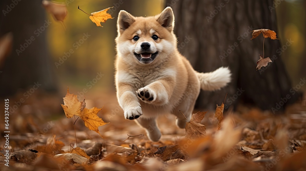 Poster a dog is running through the leaves in the woods with a tree in the background. generative ai