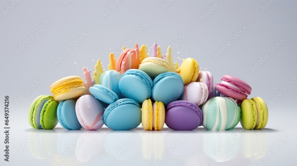 Poster a pile of colorful macaroons sitting on top of each other. generative ai