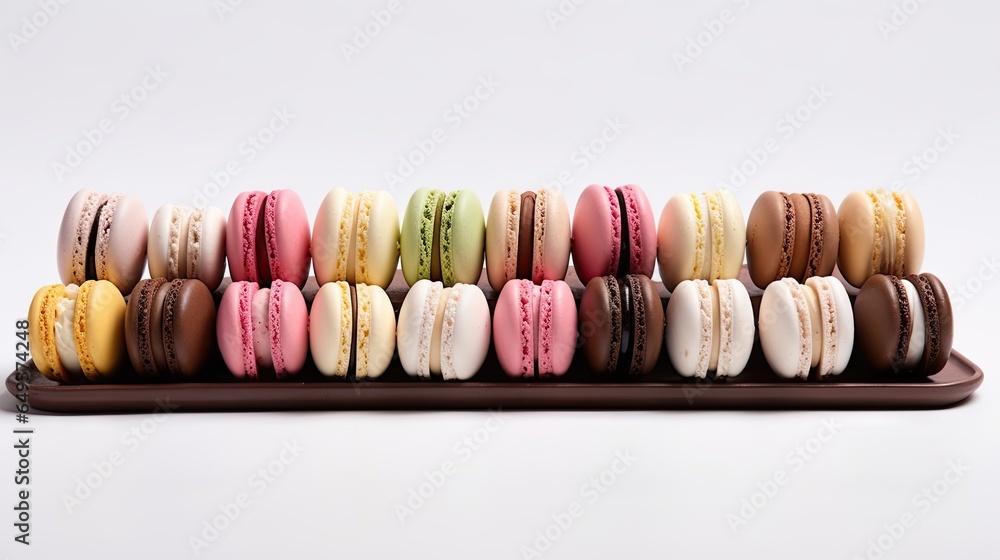 Poster a tray of macaroons on a white background with a white background. generative ai