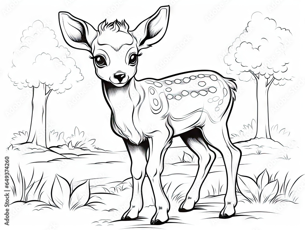 Poster a deer standing in the grass with trees in the background. generative ai
