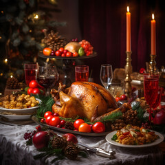 Fototapeta na wymiar Christmas Feast: A beautifully set table with a delicious holiday meal and family.. AI Generated