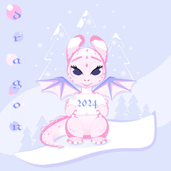 Pink baby dragon for new year on a violet background. Vector winter illustration. Card, greeting, poster, banner.